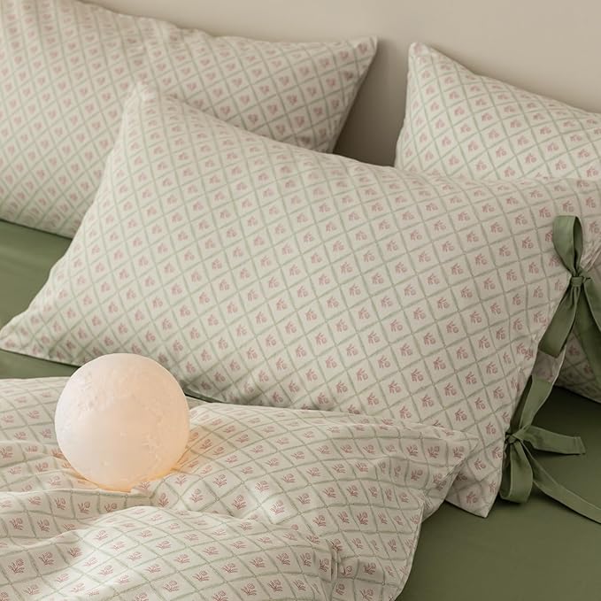 LifeTB Full Comforter Set Pink Flower Comforter with 2 Bowknot Pillowcases Chic Plaid Grid Prints Floral Bedding Comforter Boho Farmhouse Bedding Set French Country Style Botanical Comforter Set