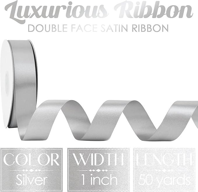 MEEDEE Silver Ribbon 1 Inch Silver Satin Ribbon Lux Double Faced Satin Ribbons by 50 Yards Polyester Wrapping Ribbons for Crafts, Weddings, Flower Bouquet, Holiday Decorating