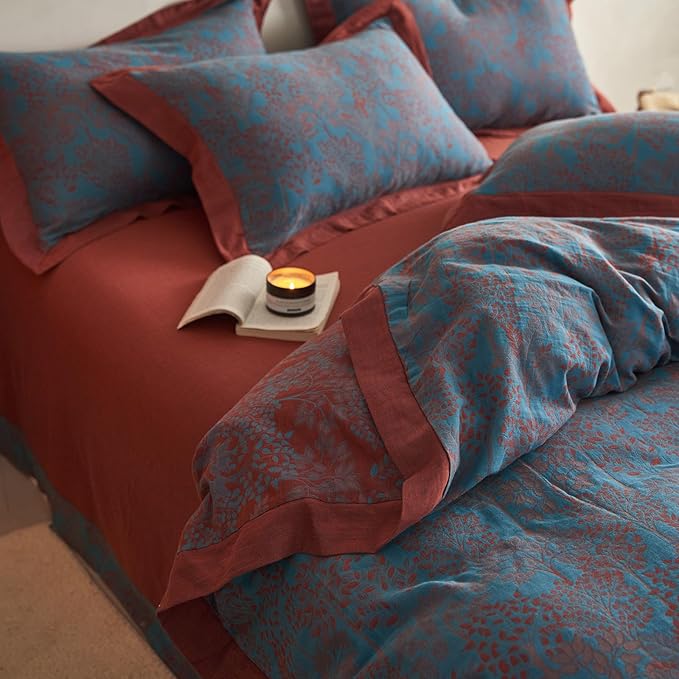 Jacquard Duvet Cover King Yarn-Dyed Cotton Blue Floral Duvet Cover Reversible Burgundy Red Tree Leaves Bedding Comforter Cover Vintage Country Bedding Cottagecore Botanical Duvet Cover Set King Size