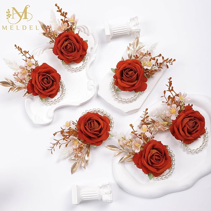 Meldel Orange Velvet Rose Wrist Corsage, Set of 6, Wedding Bridal Flower Corsage Hand Decor for Prom Party Homecoming, Wristband Flowers Bride, Bridesmaid, Girl