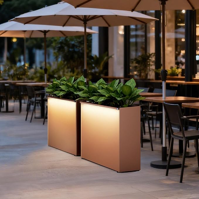GSK Lighted Brown Metal Planter Box with LED Outdoor | Indoor Rectangular Flower Trough Built-in Light Versatile Rectangle Lighting Planters Easy Assemble Insert Drainage Hole Porch Patio Tarrace Yard