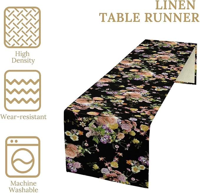 Vintage Floral Table Runner,Gothic Retro Flowers Spring Summer Seasonal Table Runner for Home Kitchen Table Dining Indoor Outdoor Party Decor 13x120 Inch