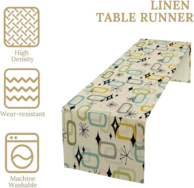 Mid Century Table Runner, Flag Retro Atomic Starburst 1950s Abstract Geometric Space Tabletop Decoration for Home Kitchen Restaurant Table Flag 13x60 Inch