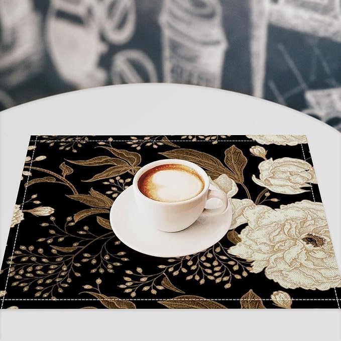 Black Gold Floral Placemats Set of 4, 17x12 Inch Abstract Vintage Rustic Flower Botanical Aesthetic Art Print Table Mats for Home Party Kitchen Dining Decor