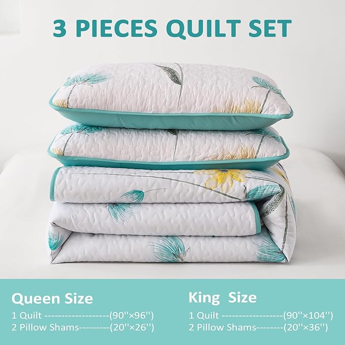 Dinjoy King Size Quilt Set Floral,3 Piece Aqua Farmhouse Bedding Set Lightweight Flower Bedspreads White Coverlet Bed Sets Cute Boho King Quilts for Summer All Season(110"x90")