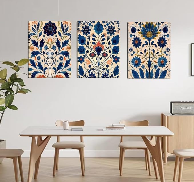 3 Pcs Blue Boho Flower Canvas Wall Art, Floral Painting Poster Wall Decor,Wildflower Botanical Picture for Wall Living Room Bathroom Bedroom Home Decoration 12*16 in (Stretched Canvas on A Wooden Frame)