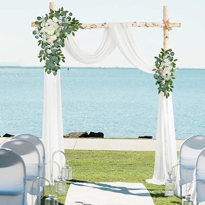 Ponatia Artificial Wedding Arch Flowers Kit (Pack of 3) With 26Ft Shiny Arch Draping Fabric, Arches for Ceremony, Decorations for Reception (White)