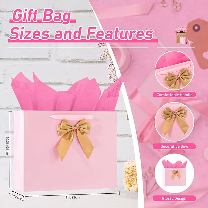Bloomwords 13" Pink Gift Bag Set - 2 Large Paper Bag with Bow, Greeting Card & 4 Tissues, Sturdy Handles for Birthdays, Father’s Day & Special Occasions-2PCS