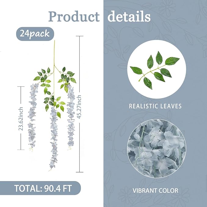 24 Pack Grey Wisteria Hanging Flowers Garland, 3.77 Feet Artificial Flower Vines, Fake Wisteria, Artificial Vines Hanging Garland for Backdrop Outdoor Yard Garden Decor