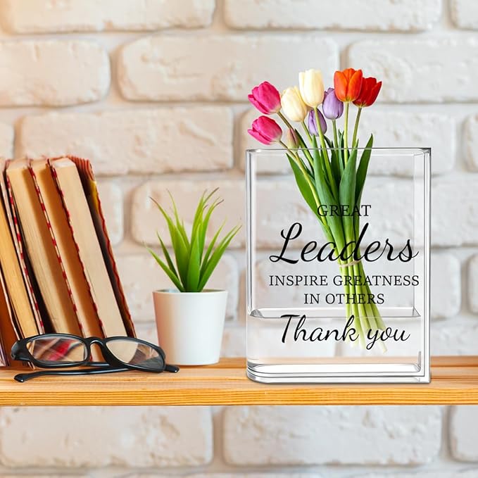 Leader Boss Bosses Day Gifts for Women Men Manager Funny Office Decor for Women Wooden Acrylic Book Flower Vase National Boss Day Decorations Gifts for Leader HR Men Manager Bookshelf Desk Decor