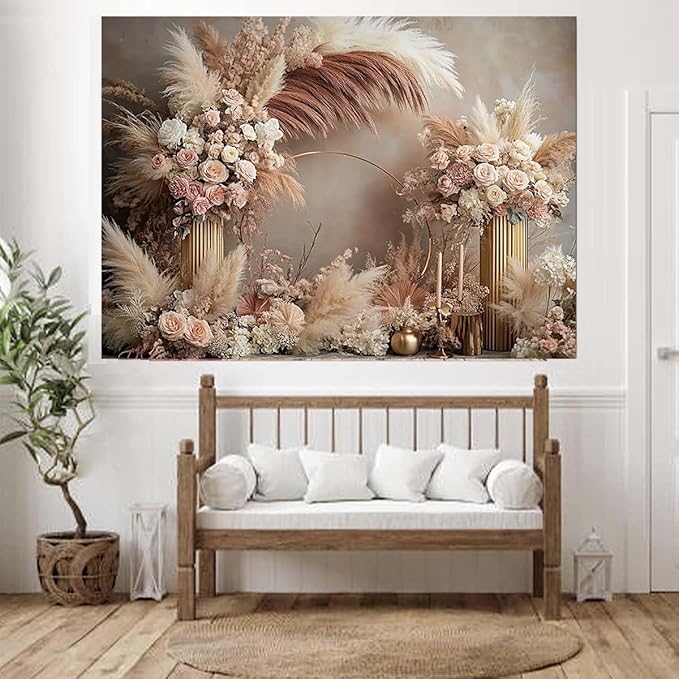 Boho Floral Wedding Backdrop Pampas Grass Flower Curtain Background Wedding Bridal Shower Anniversary Party Decoration Backdrop Newborn Baby Shower Pregnancy Photos Backdrop (5x3feet)