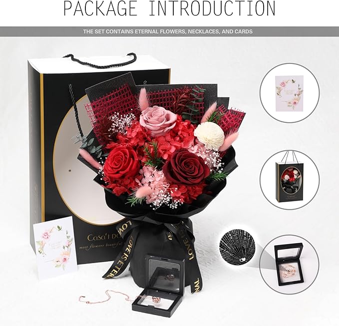 Preserved Flowers for Delivery, Red Flower Bouquets with Necklace, Forever Real Roses Anniversary Birthday Gifts for Women Mom Wife Girlfriend, Fresh Flowers for Valentines Day Christmas