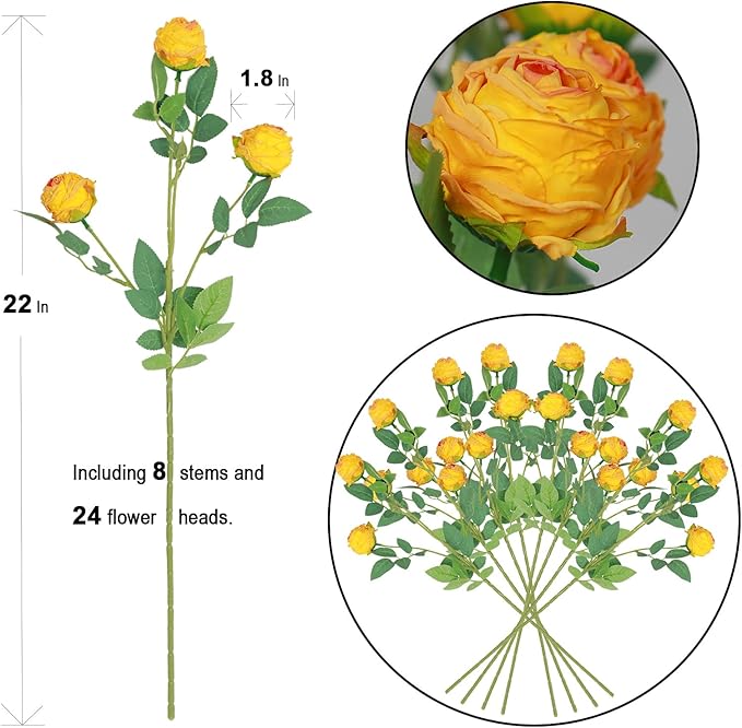 CHIAVE 8pcs 24 Flower Buds Artificial Vintage Roses Fake Silk Rose Flowers with Long Stem for DIY Bouquets Wedding Centerpiece Party Home Kitchen Shorp Decoration-Yellow