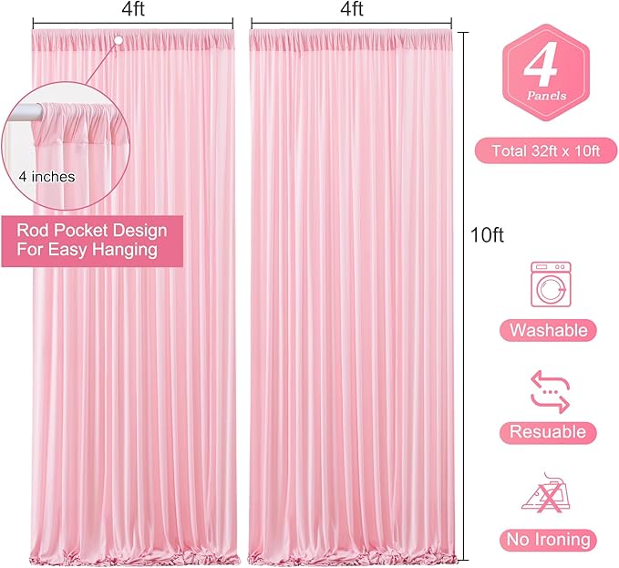Pink Backdrop Curtains-Wrinkle-Free Polyester Photography Drapes Party Curtain Background for Baby Shower Wedding Decorations- 16 X10FT (Pink)