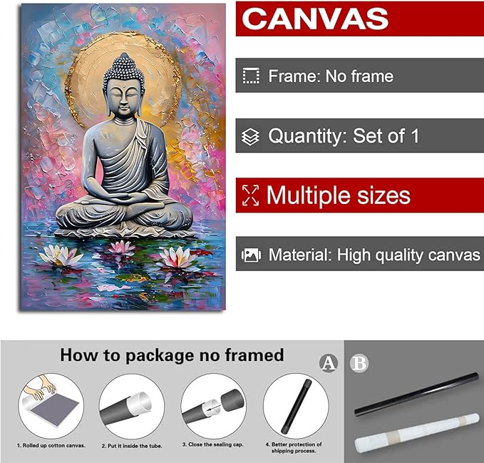 Lotus and golden Buddha meditation tranquil zen wall art mindfulness wall art for spiritual harmony and tranquility decor 28x40in Frameless