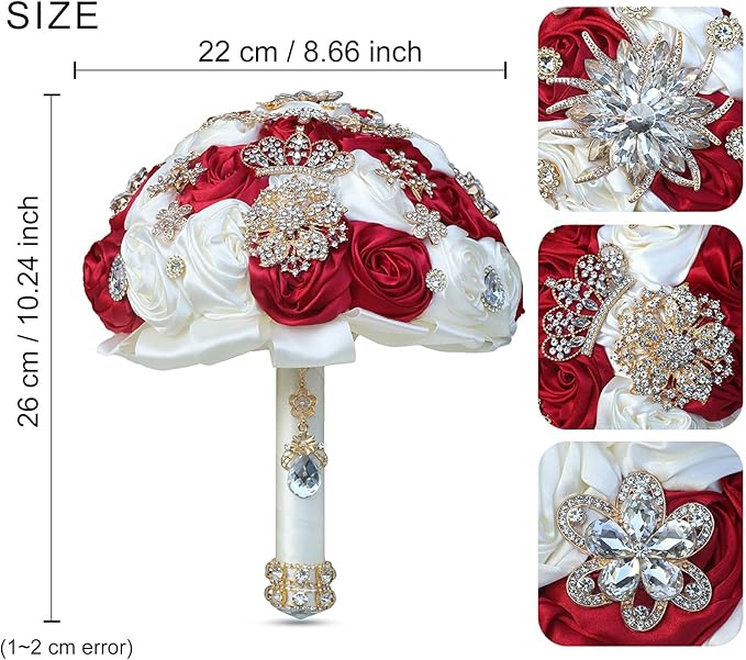 Handmade Satin Rose Floral Bling Pearl Decor Bridal Wedding Bouquet Rhinestone Pendant Artificial Brooch Flowers for Bride Bridesmaid Quinceanera