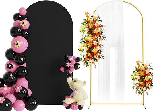 Putros 6.6ft Metal Arch Stand with Cover Black Spandex Fitted Wedding Arch Cover and Round Top Chiara Backdrop Stand Set for Birthday Party Baby Shower Decoration