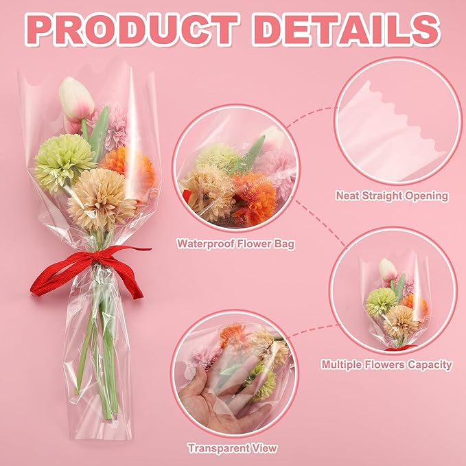 YELARXI Clear Flower Wrapping Bags, Transparent Flower Packaging Bag Waterproof Durable Bouquet Sleeves - Fitting for (Florists/Floral Arrangements Supplies), 9.1x2.6x15.7 Inch & 100Pcs