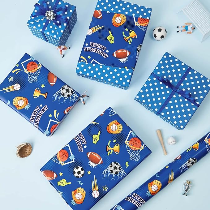 WERNNSAI Sport Ball Wrapping Paper Roll - 1 Roll 17” x 16.4 ft Happy Birthday Wrapping Paper for Kids Boys Blue Sports Gift Wrap with Football Basketball Design for Birthday Baby Shower Party Favor