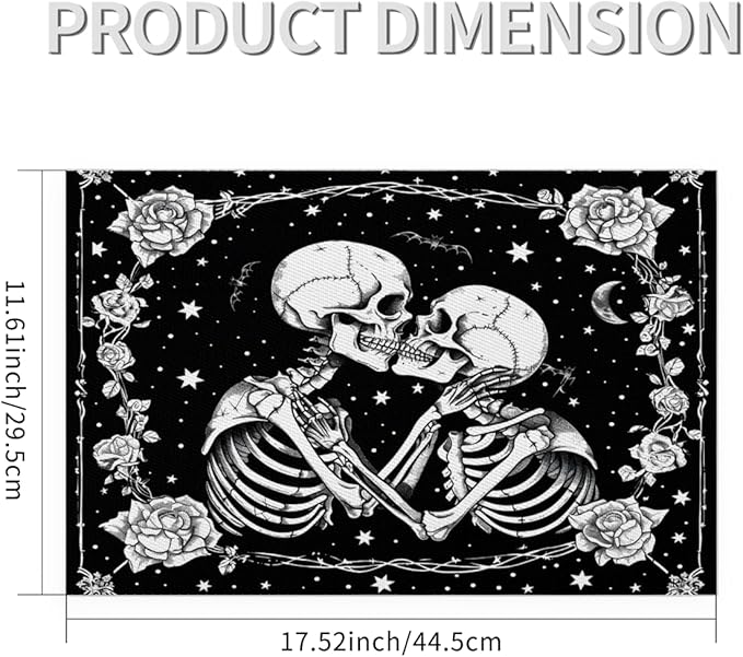 Halloween Skull Goth Flower Placemats Set of 4 PVC Vinyl Non Slip Table Mats Heat Resistant Place Mats Washable Wipeable Dining Table Mat for Kitchen Decor Party Indoor Outdoor Decorative Gift