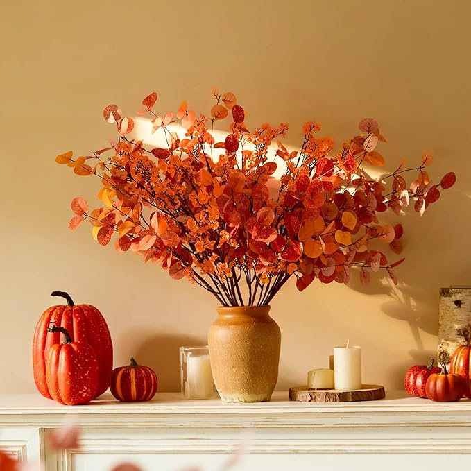 Yastouay Fake Fall Flowers Thanksgiving Table Decor, 5Pcs Fall Orange Faux Artificial Flowers for Decorations, Babys Breath Artificial Flowers Bulk for Thanksgiving Fall Decor Floral Arrangement