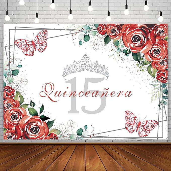 SENDY 8x6ft Quinceañera Backdrop Mis Quince 15 Anos Birthday Party Decoration Supplies for Girl Princess Red Floral Flower Butterfly Silver Crown Photography Background Banner Photo Booth Studio Props