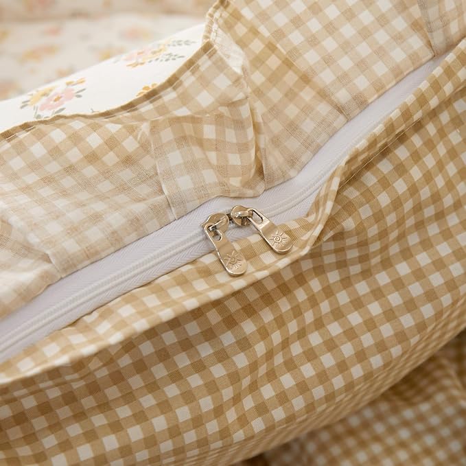 EAVD Vintage Style Botanical Floral Duvet Cover Queen White Soft 100% Cotton Garden Yellow Pink Floral Bedding Set with 2 Pillowcases Chic Shabby Floral Ruffle Duvet Cover with Zipper Closure