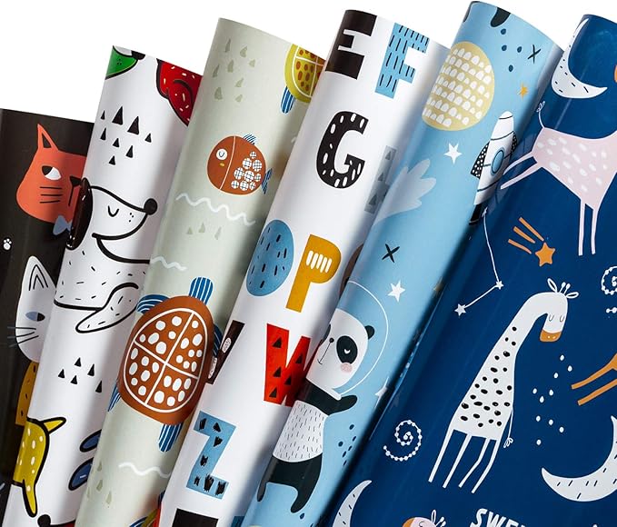 WRAPAHOLIC Wrapping Paper Sheet - 12 Sheets Cute Animal Design for Birthday, Holiday, Party, Baby Shower - 17.5 Inch x 39.3 Inch Per Sheet
