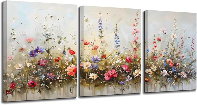 SERIMINO Large Wall Art for Living Room Canvas Prints, Nature Floral Botanical Wall Art Set 3 Piece Farmhouse Decor, Misty Flowers Modern Home Decor Paintings for Bedroom Bathroom 16"X24"