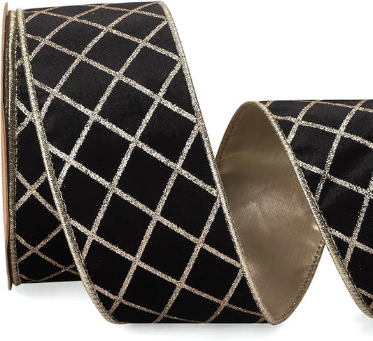 Ribbli Black Velvet Ribbon Wired with Glitter Diamond Grid 2-1/2 Inch Christmas Ribbon for Christmas Tree Decoration Big Bow Gift Wrapping Crafts Wreaths Garland Supplies - 10 Yards