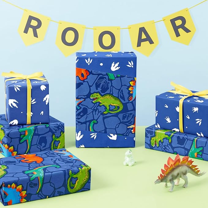WERNNSAI Dinosaur Wrapping Paper - 1 Roll 17” x 9.8 ft Dinosaur Birthday Wrapping Paper Kids Boys Birthday Gift Wrap Blue Gift Packing Decoration Baby Shower Paw Prints Design Reversible