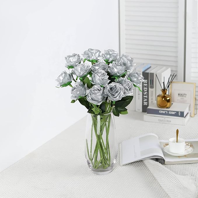 Nubry Artificial Silk Rose Flower Bouquet Lifelike Fake Rose for Wedding Home Party Decoration Event Gift 10pcs (Silver)