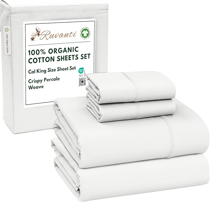 RUVANTI 100% Organic Cotton Sheets California King, Percale Weave, GOTS Certified, 4-Piece Set, Deep Pocket 13", Crisp & Breathable, Soft Durable Bedding, Sábanas Algodón Orgánico – Bit of Blue