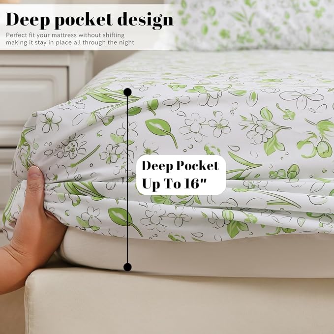 Bedlifes Twin Sheet Set Ultra Soft, Breathable, Silky Flower Deep Pocket 100% Microfiber Bedding, 3 Piece Twin Size Green Floral