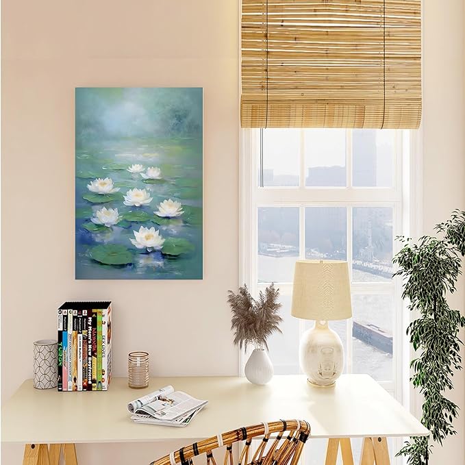 Zen wall art Delicate white lotus flower floating on calm water Vintage oil painting print Serene aquatic wall art creates a tranquil home decor 16x24in Frameless