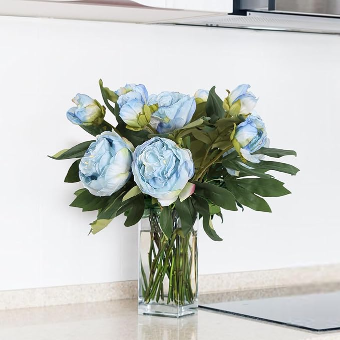 IPOPU Blue Silk Flowers Artificial Peonies 5PCS 10heads Vintage Fake Peonies Blue Silk Peonies with Stems Real Look for Spring Decorations Floral Arrangements Home Table Centerpiece
