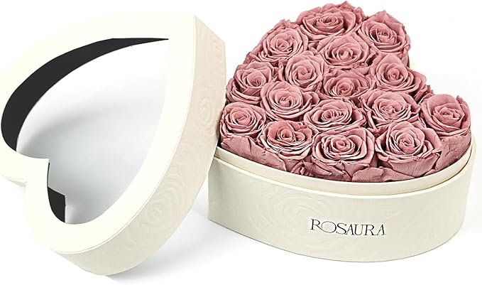 Rosaura Heart-Shaped Preserved Roses Gift Box - Real Forever Flowers for Birthday, Valentine's & Mother's Day (Cappuccino, 16 roses)