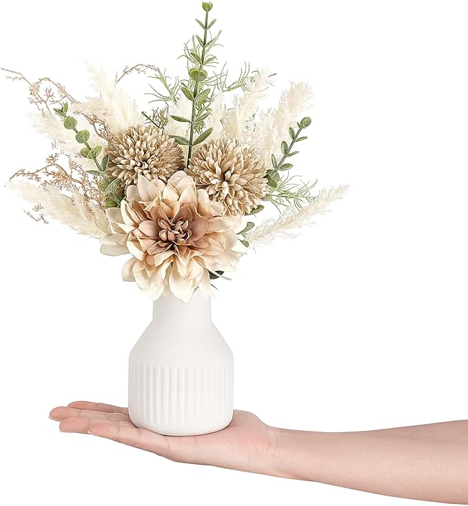 Mkono Small Artificial Flowers in Ceramic Vase 13.5" Centerpieces Coffee Table Decor, Silk Flower Arrangements for Home Decor Indoor Fake Flower Bouquet for Bathroom Dining Room Kitchen Wedding Brown