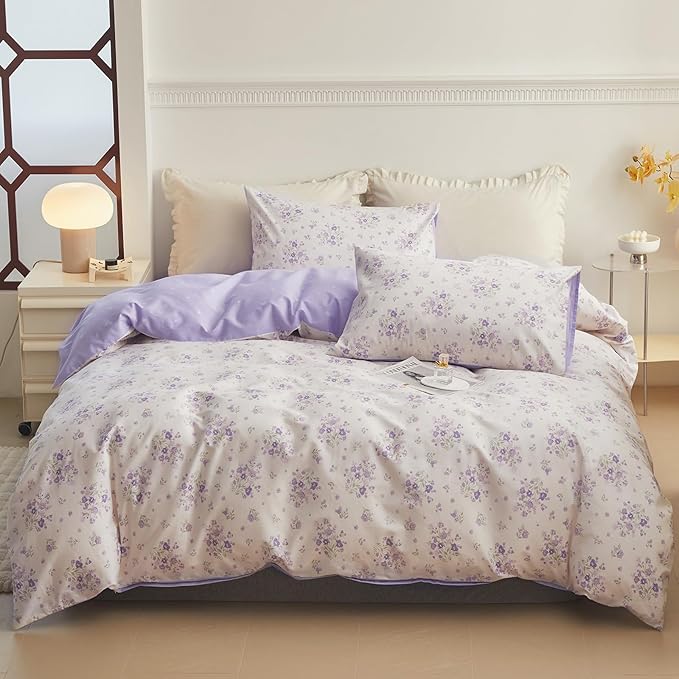 HighBuy Botanical Floral Comforter for Twin XL Bed Reversible Fluffy Comforter Set with Purple Flower Cottagecore Bedding Sets 3 Piece for Teen Girl(1 Floral Comforter and 2 Pillowcases),All Season