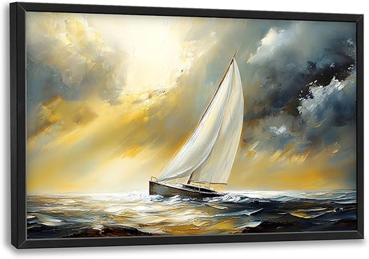 Ocean Sailboat Large Wall Art Framed Wall Decor for Living Room Abstract Boat Pictures Oversized Canvas Print Painting Modern Extra Large Artwork for Bedroom Office Home Decor 36"x24"
