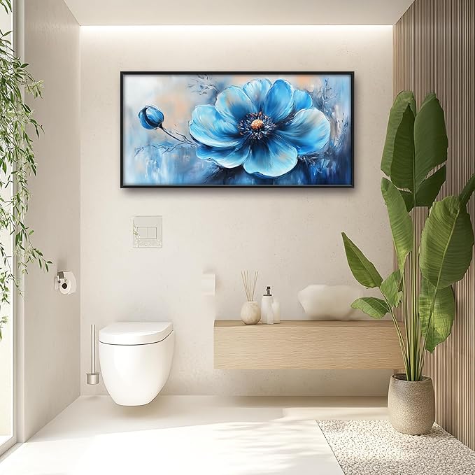 Extra Large Abstract Blue Flower Framed Wall Art for Living Room,Oversized Elegant Floral Pictures Wall Decor,Canvas Print Painting Modern Artwork Bedroom Office Bathroom 60L x 30W