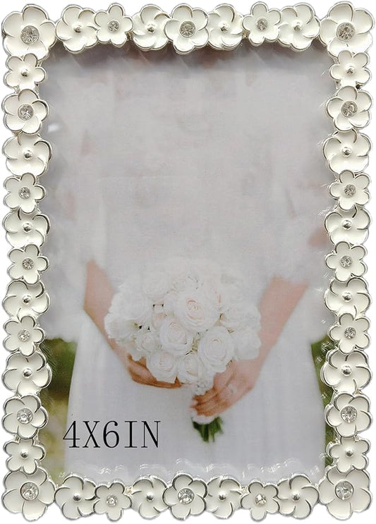 Vintage Floral Metal 4X6 Picture Frame with Enamel Finis Glass Front - Ornate Antique White Flowers Photo Frame Tabletop/Wall Display Gifts for Women Wedding