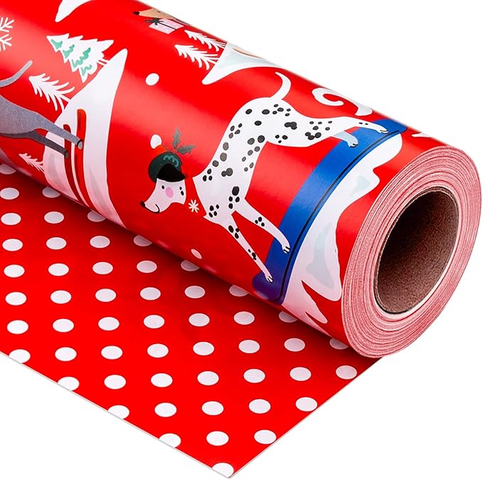 Yarcony Dog Christmas Wrapping Paper Roll, Red Wrapping Paper, Reversible Funny Skiing Puppy and Polka Dot Design Kid Christmas Gift Wrap Paper for Winter Holiday, Dog Lover (17 Inch X 33 Feet)