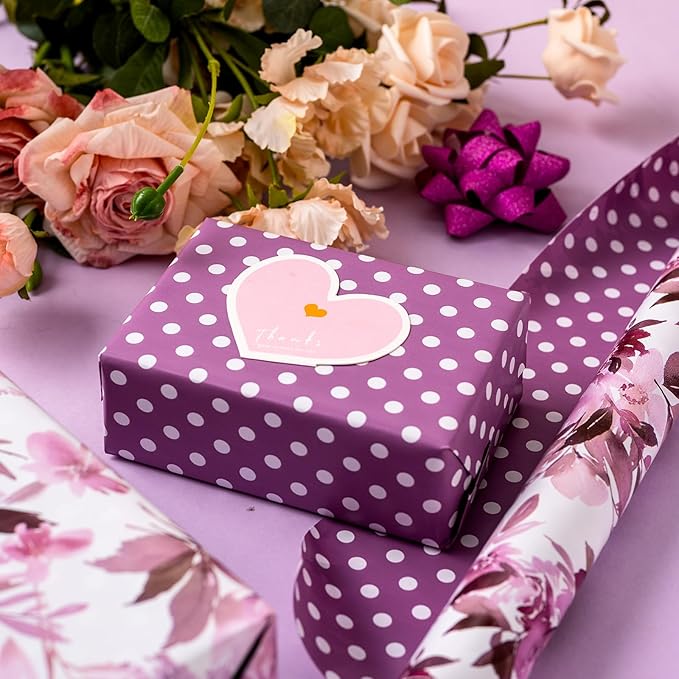 Burymento Purple flowers Wrapping Paper, Reversible Color Happy Birthday Gift Wrap for Birthday, Valentines, Mothers day, Graduation, Wedding, Fathers day, Baby Shower, Christmas (17in x 16.4ft)