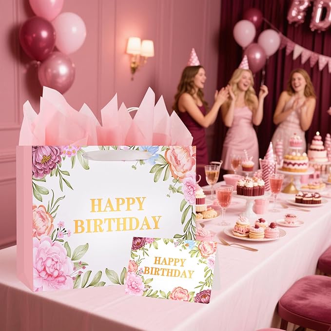 ASYEHJNR 13" Large Size Happy Birthday Gift Bag Metallic Gold Happy Birthday Sign with Floral Peony Flower Pattern Retro Gift Bag with Greeting Card and Tissue Paper and Handle for Girls Women Bday