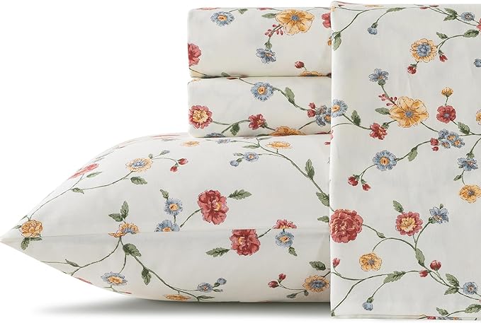 Zusbest Queen Sheet Set 100% Percale Cotton Off White Floral Bed Sheet Set, Brushed for Extra Softness, Breathable Luxury Flannel Sheets Like Pink Flower Print Deep Pocket Sheets 17.5'' 4 Pcs