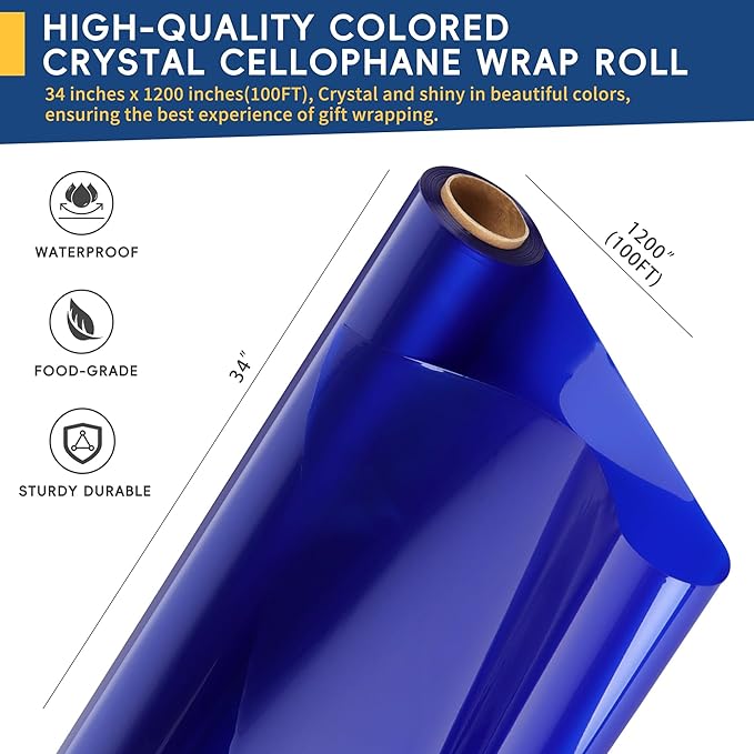 POPGIFTU Cellophane Wrap Roll Blue(34 in x 100 ft)- 3 Mil Thicken Translucent Blue Cellophane Roll, Large Colorful Cello Wrapping Paper for Gift Basket Treats Wrap DIY Arts Crafts Decoration