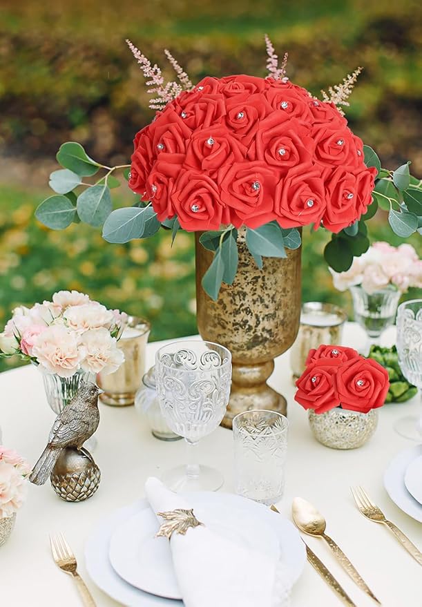 IPOPU 100pcs Red Foam Rose Artificial Flower Bulk with Crystal 3in Real Looking Stemless Fake Roses for DIY Craft Wedding Bouquets Wall Decoration Bridal Shower Arrangement Home Decorations(Red)