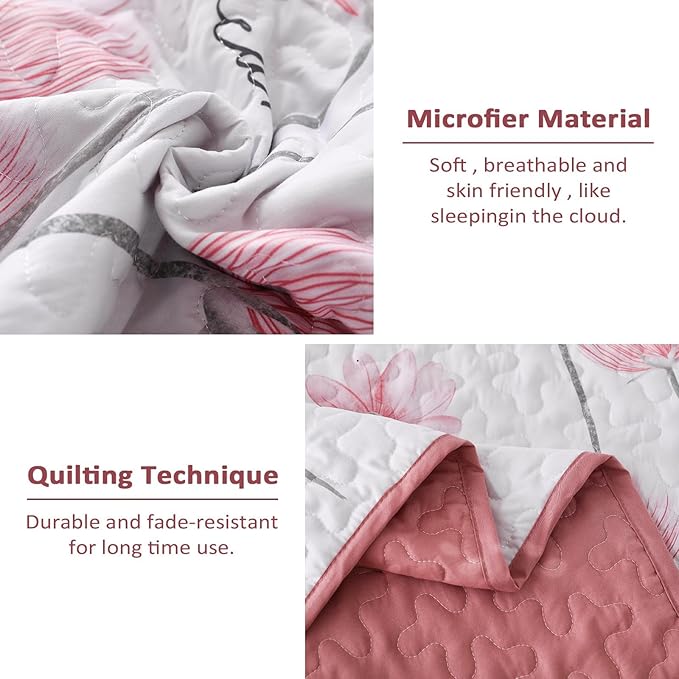 Dinjoy King Size Quilt Set Floral,3 Piece Pink/Blush Farmhouse Bedding Set Lightweight Flower Bedspreads White Coverlet Bed Sets Cute Fall Quilts for All Season(110"x90")