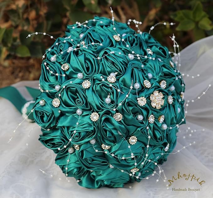 Bridal Wedding Bouquet Round Bling Brooch Bouquet Throw Toss Artificial Rose Flower Bunch for Bride Bridesmaid Wedding Quinceanera(Dark Green, 7.5")